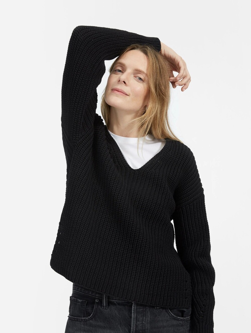 Everlane The Texture Cotton V Neck Sweater, Black, L